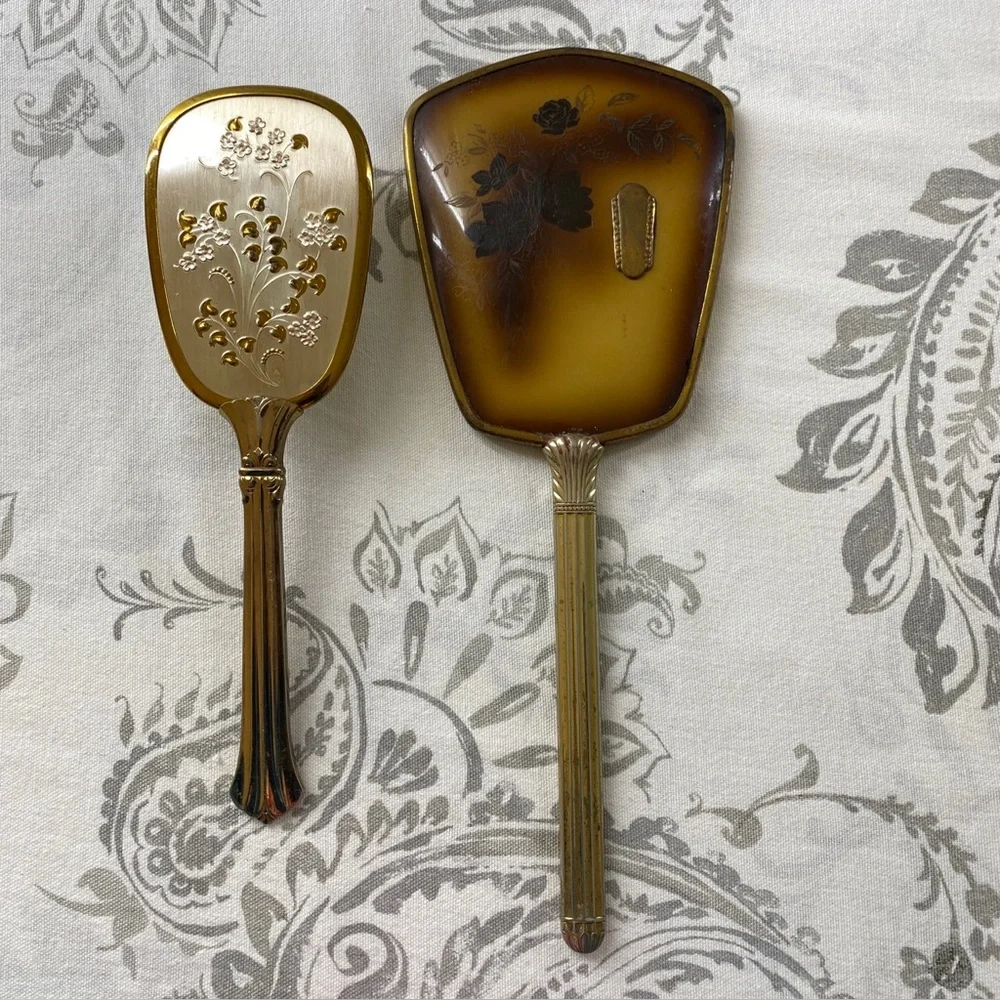 Vintage Brush &‎ Mirror Victorian Stvle Gold Silver Color Floral Etched Vanity